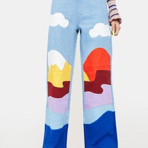 Current Mood On The Horizon Mountain Scene Wild Leg Jeans, Size Medium